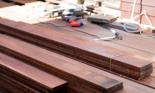 Decking materials stacked and prepared for build.